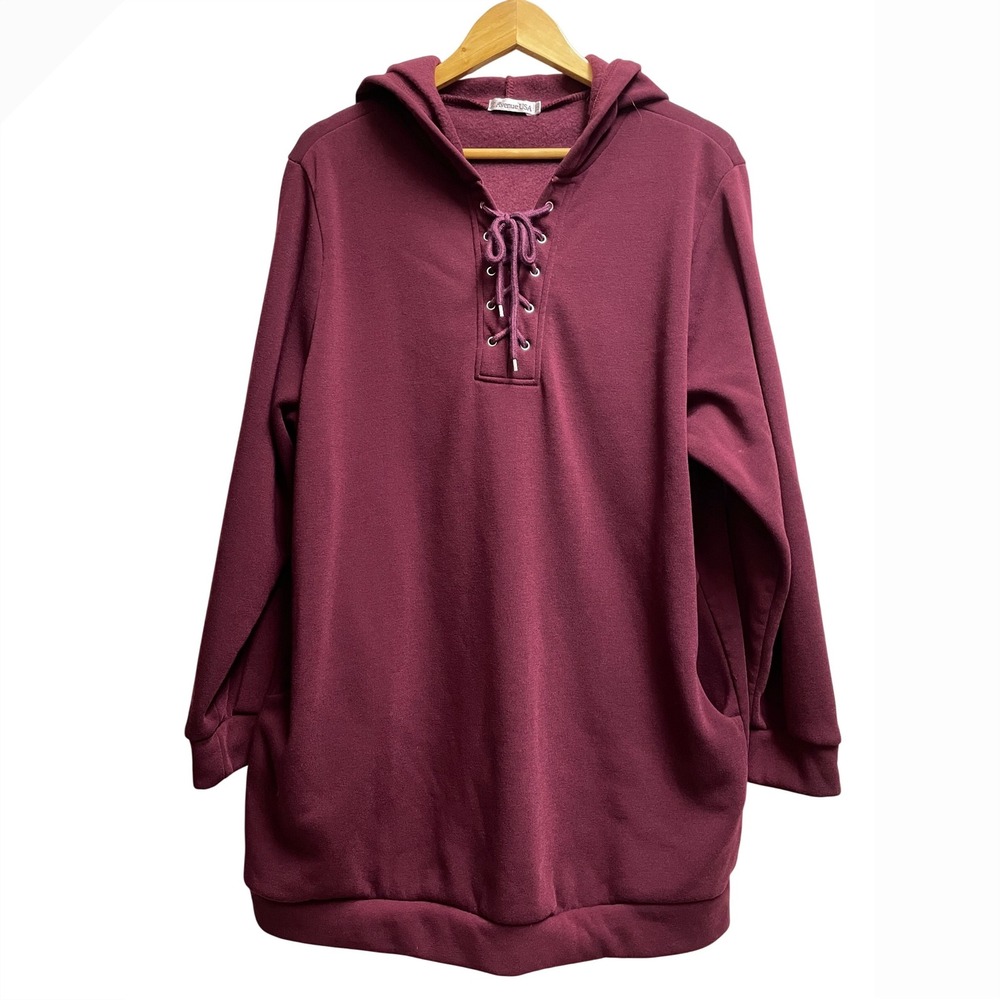 Z Avenue USA Womens Burgundy Lace Up Fleece Lined Hoodie Sweatshirt 2XL